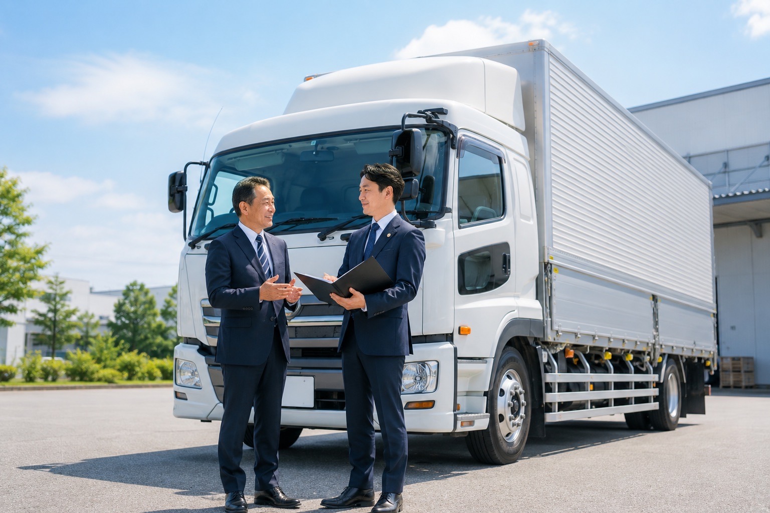 トラックの前で打ち合わせをする社労士と運送会社の経営者